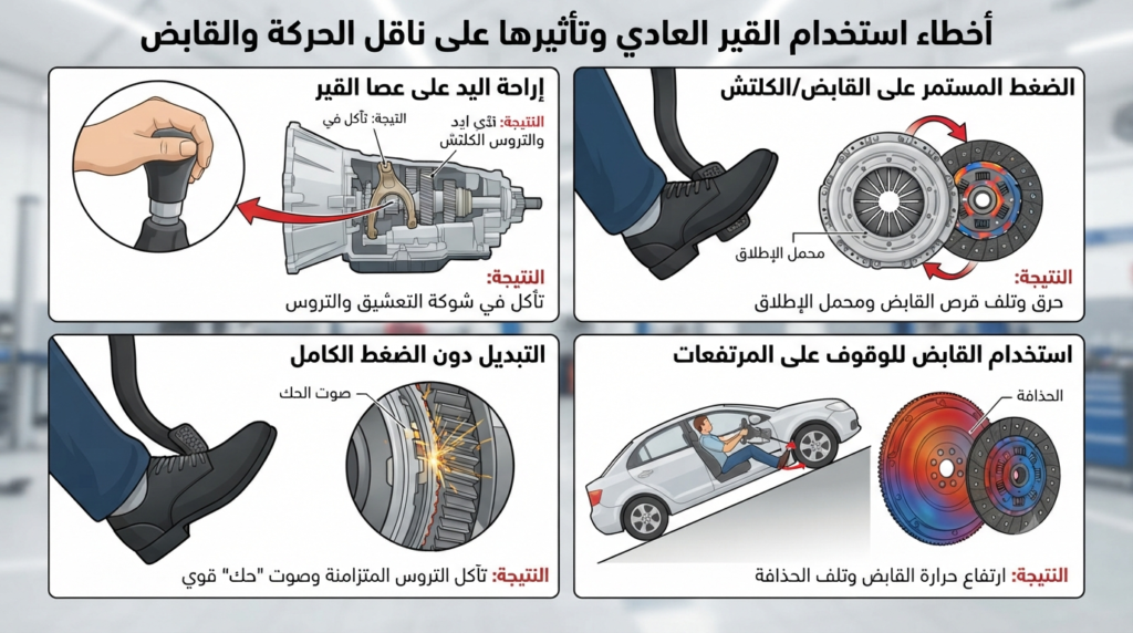 أخطاء استخدام القير العادي وتأثيرها على ناقل الحركة اليدوي والقابض